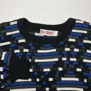 Fox Chapel Sweater Mens Large Black Blue Geometric Block Knit Vintage Crewneck